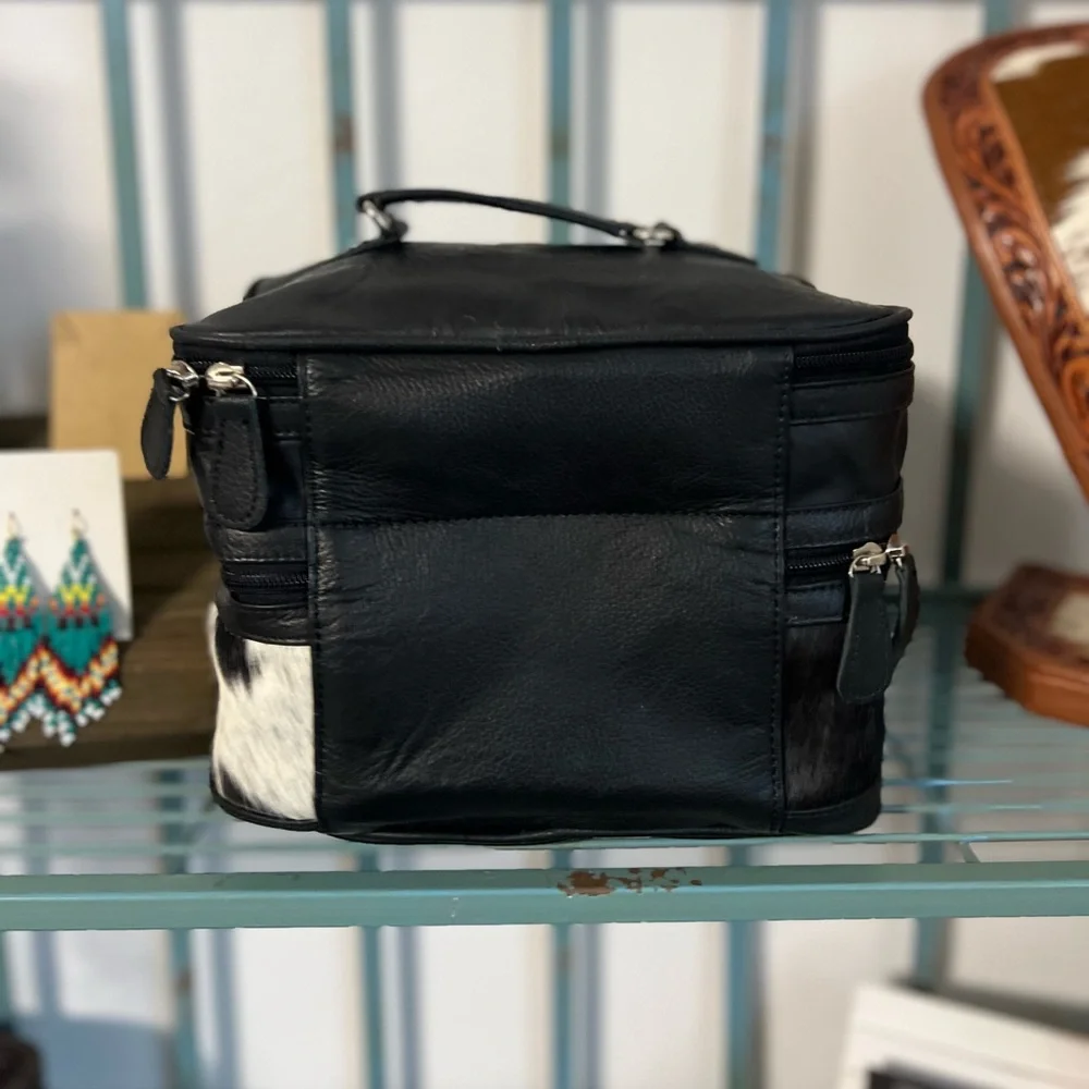 Black White Genuine Cowhide Embossed Leather Makeup Bag Travel Cosmetic Case